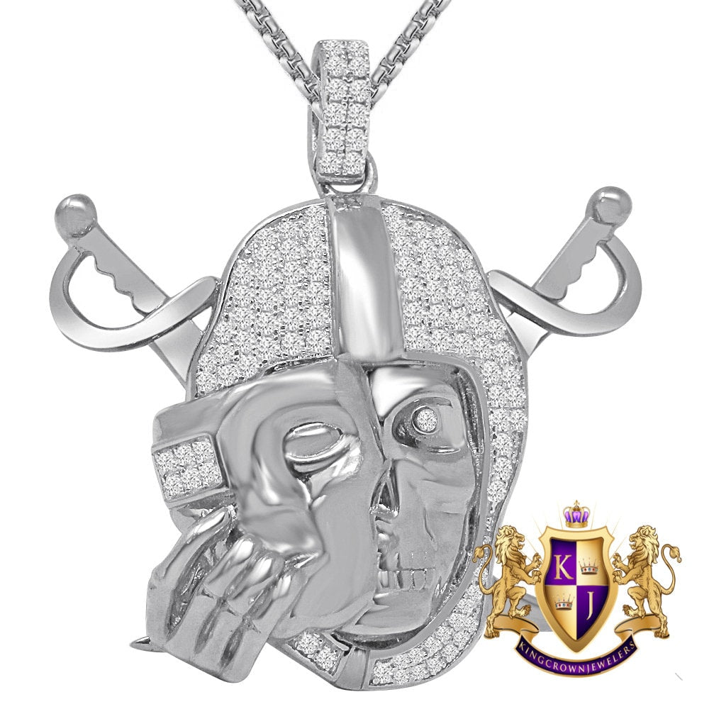 Real Genuine Sterling Silver 25+ Grams Simulated Diamond 14K Gold Over Oakland Raiders Men's Custom Collectable Charm Sports Pendant 1.80"