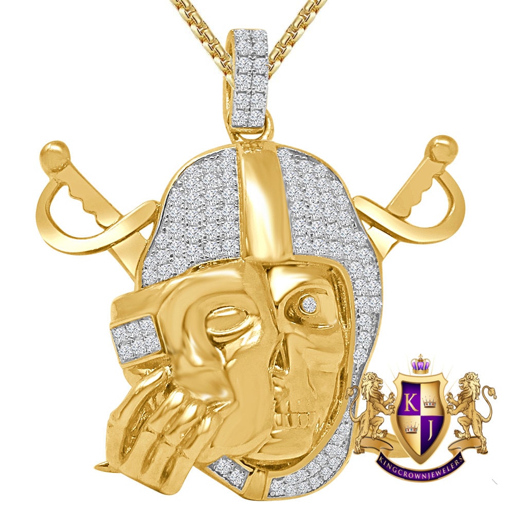 Real Genuine Sterling Silver 25+ Grams Simulated Diamond 14K Gold Over Oakland Raiders Men's Custom Collectable Charm Sports Pendant 1.80"