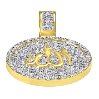 Real Genuine Authentic Diamond 1.25 Cwt. Allah God Muslim Islamic Arabic Round Medallion Charm 10k Gold Over Unisex Religious Pendent 2''