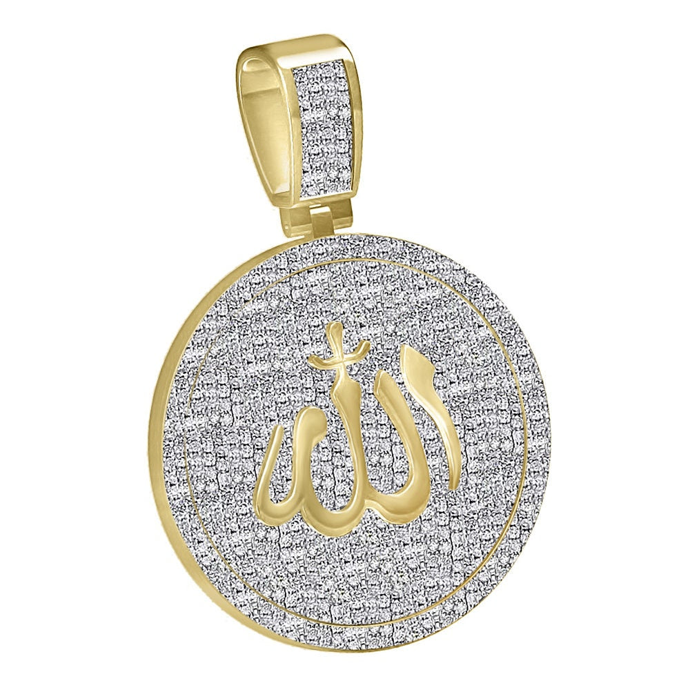 Real Genuine Authentic Diamond 1.25 Cwt. Allah God Muslim Islamic Arabic Round Medallion Charm 10k Gold Over Unisex Religious Pendent 2''