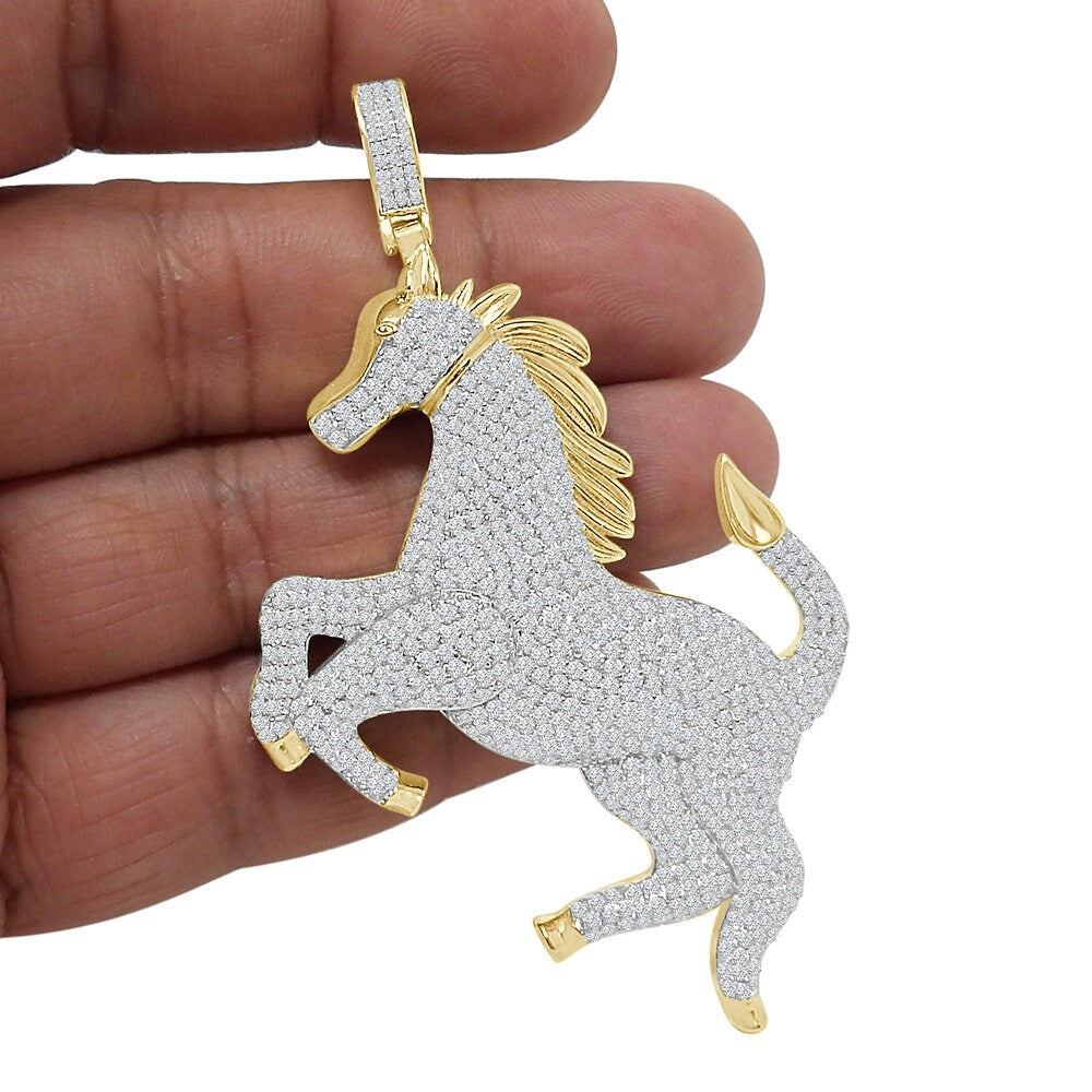 Big 3.25'' Real Authentic Sterling Silver Simulated Diamond Luxury Car Horse Men's Custom Charm Pendent 35+ Grams