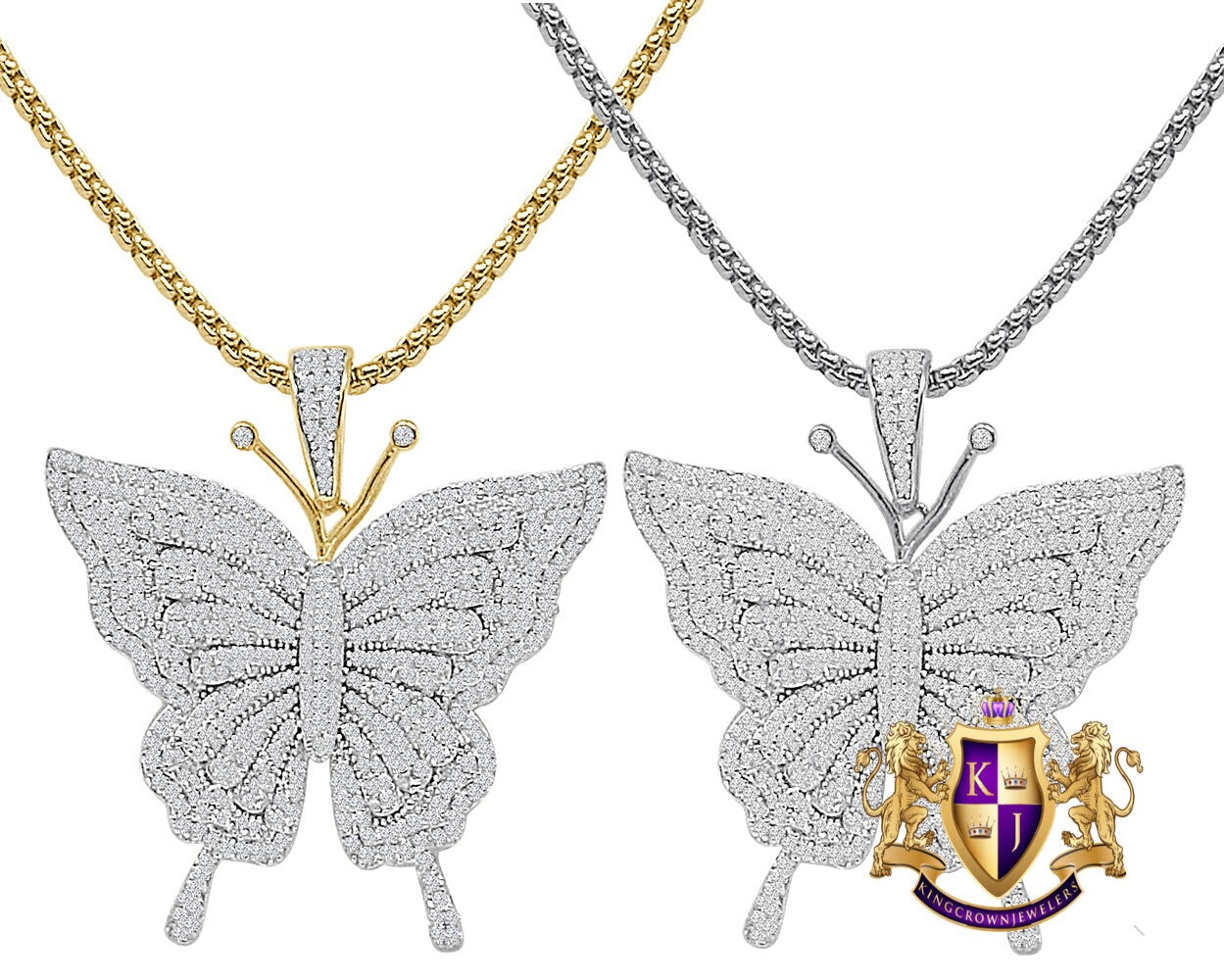 Real Genuine Authentic Sterling Silver Simulated Diamond 14K Gold Over Butterfly Unisex Charm Pendent 17+ Grams