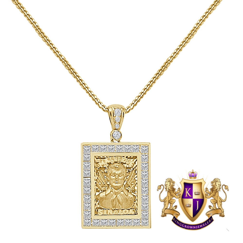100% Real 10K Solid Yellow Gold Jesús Malverde Sinaloa Narco-Saint Square Frame Pendent Charm Small 1.25'' + Free Chain