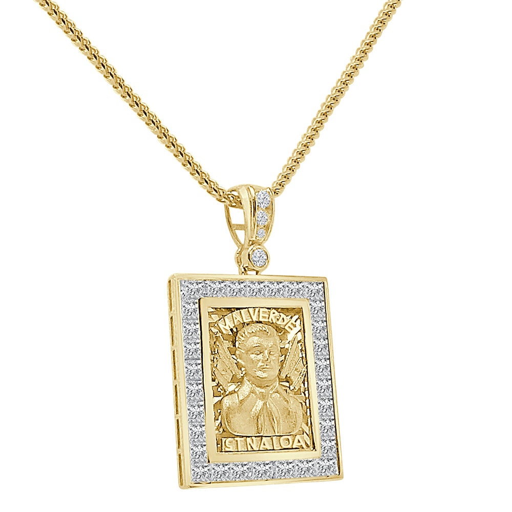 100% Real 10K Solid Yellow Gold Jesús Malverde Sinaloa Narco-Saint Square Frame Pendent Charm Small 1.25'' + Free Chain