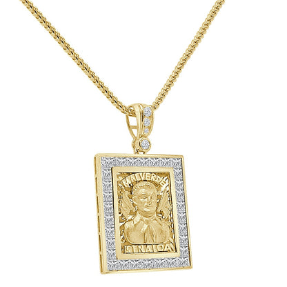100% Real 10K Solid Yellow Gold Jesús Malverde Sinaloa Narco-Saint Square Frame Pendent Charm Small 1.25'' + Free Chain