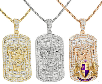 26+ Grams Big 2.35'' 14K Gold Over Baguette/Round Cut Simulated Diamond Jesus Christ Face Piece Dog Tag Frame Pendent Custom Charm Chain Set