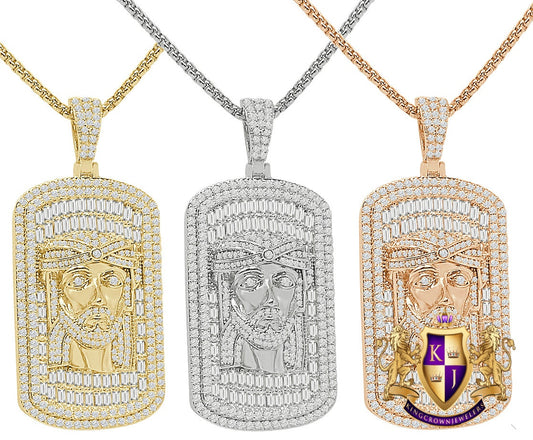 26+ Grams Big 2.35'' 14K Gold Over Baguette/Round Cut Simulated Diamond Jesus Christ Face Piece Dog Tag Frame Pendent Custom Charm Chain Set