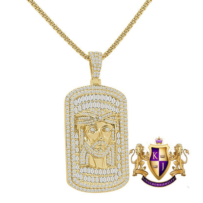 26+ Grams Big 2.35'' 14K Gold Over Baguette/Round Cut Simulated Diamond Jesus Christ Face Piece Dog Tag Frame Pendent Custom Charm Chain Set