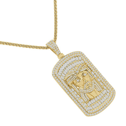 26+ Grams Big 2.35'' 14K Gold Over Baguette/Round Cut Simulated Diamond Jesus Christ Face Piece Dog Tag Frame Pendent Custom Charm Chain Set