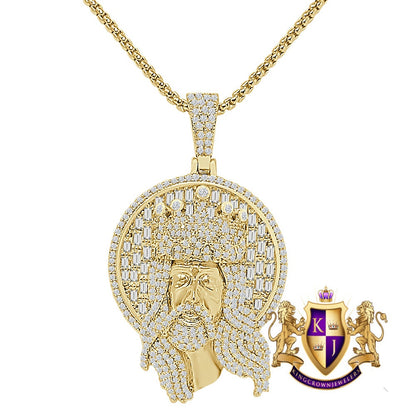 Baguette 25+ Grams 14K Gold Over Simulated Diamond Jesus Christ Face Piece Cross Pendent Custom Charm Chain Set 2.10''