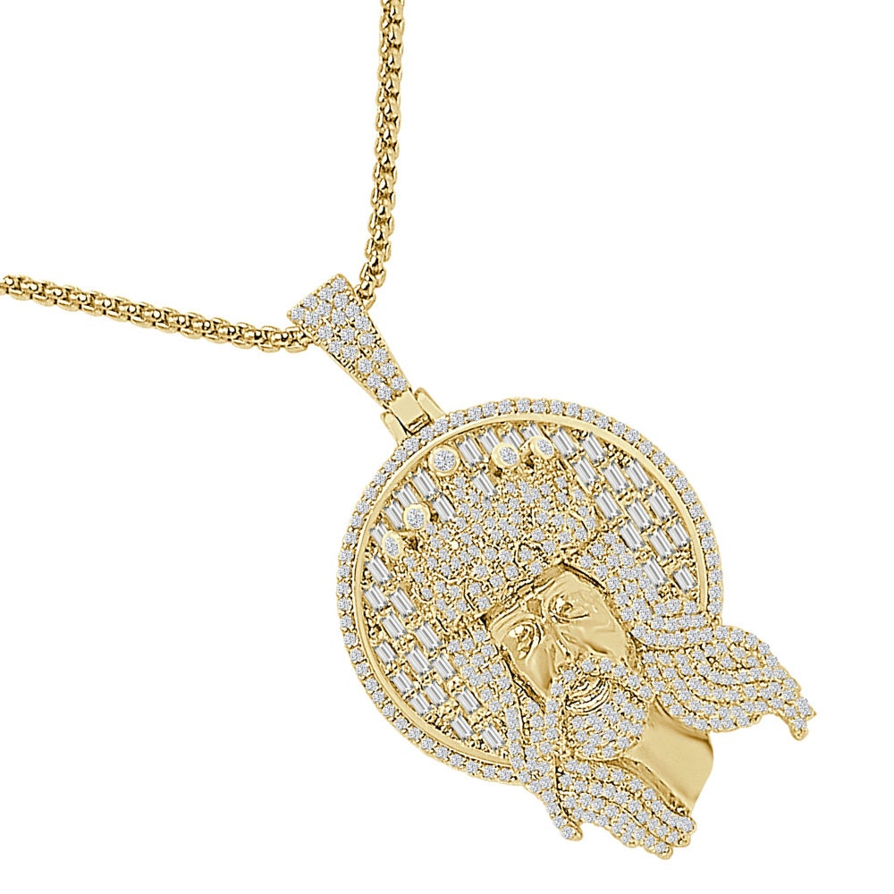Baguette 25+ Grams 14K Gold Over Simulated Diamond Jesus Christ Face Piece Cross Pendent Custom Charm Chain Set 2.10''