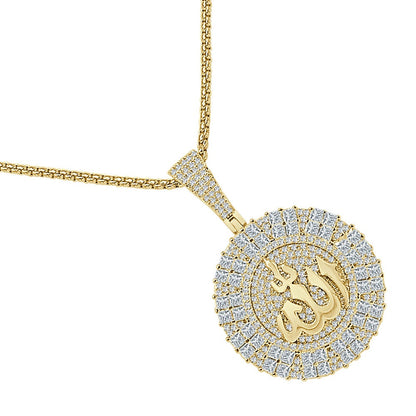 22+ Grams 14K Gold Over Simulated Diamond Allah God Muslim Arabic Islamic Round Flower Medallion Pendent Custom Charm Chain Set 2''