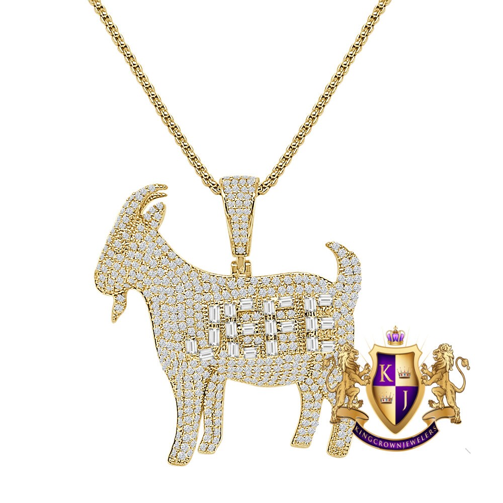 Baguette 30+ Grams Simulated Diamond 14K Gold Over GOAT Greatest Of All Time Charm Pendant Chain Set 2''