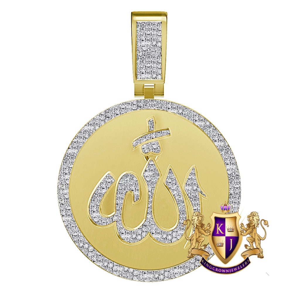 Real Genuine Authentic Diamond 0.60 Cwt. 15+ Grams Allah God Muslim Arabic Islamic Medallion 10K Solid Gold Over Unisex Charm Pendant 2''