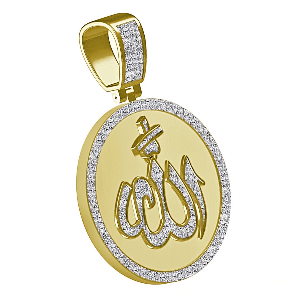 Real Genuine Authentic Diamond 0.60 Cwt. 15+ Grams Allah God Muslim Arabic Islamic Medallion 10K Solid Gold Over Unisex Charm Pendant 2''