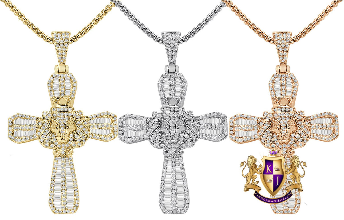 20+ Grams 14K Gold Over Baguette/Round Cut Simulated Diamond Jesus Christ Cross Lion Face Pendent Custom Charm Chain Set 2.25''