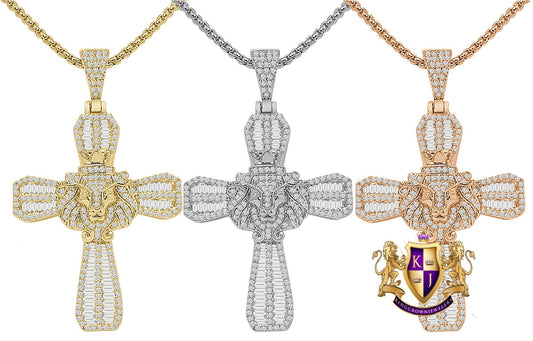 20+ Grams 14K Gold Over Baguette/Round Cut Simulated Diamond Jesus Christ Cross Lion Face Pendent Custom Charm Chain Set 2.25''
