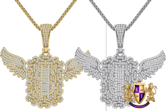 25+ Grams Simulated Diamond 14K Gold Over Flying Money Bag Cash Dollar Sign Custom Charm Pendent Chain Set 2''