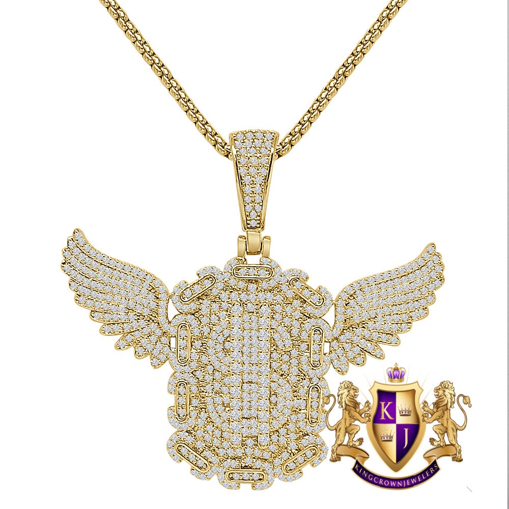 25+ Grams Simulated Diamond 14K Gold Over Flying Money Bag Cash Dollar Sign Custom Charm Pendent Chain Set 2''