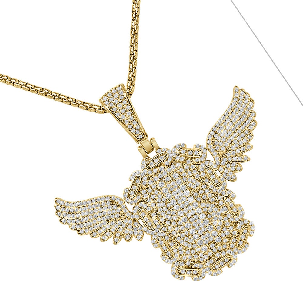 25+ Grams Simulated Diamond 14K Gold Over Flying Money Bag Cash Dollar Sign Custom Charm Pendent Chain Set 2''