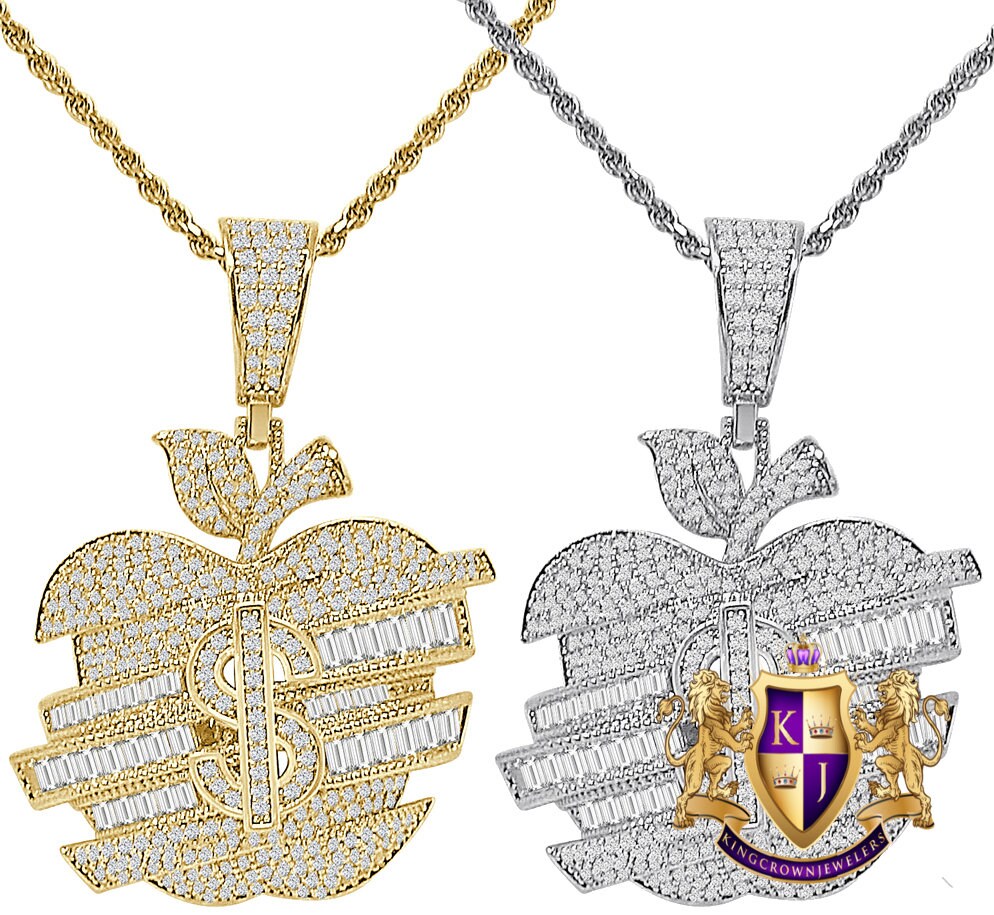 23+ Grams Baguette/Round Cut Simulated Diamond 14K Gold Over Money Cash Dollar Sign Apple Shape Custom Charm Pendent Chain Set 2''