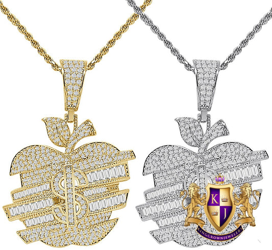 23+ Grams Baguette/Round Cut Simulated Diamond 14K Gold Over Money Cash Dollar Sign Apple Shape Custom Charm Pendent Chain Set 2''