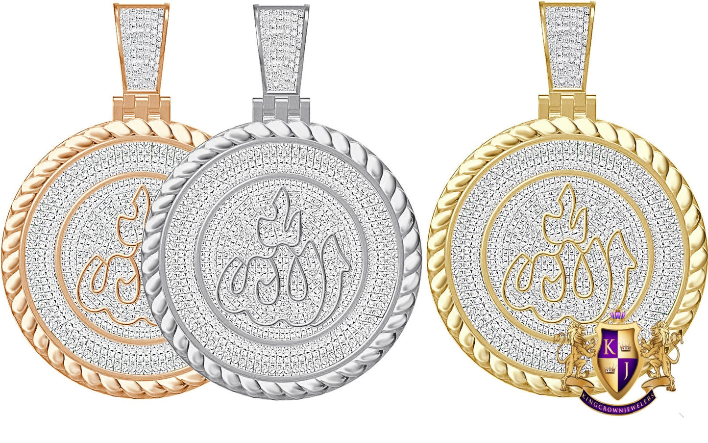Real Genuine Authentic Diamond 1.20 Cwt. Allah God Muslim Arabic Islamic Round Medallion Charm 10K Gold Over Religious Pendant 18+ Grams 2''