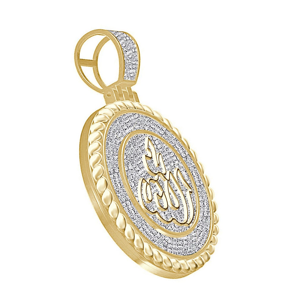 Real Genuine Authentic Diamond 1.20 Cwt. Allah God Muslim Arabic Islamic Round Medallion Charm 10K Gold Over Religious Pendant 18+ Grams 2''