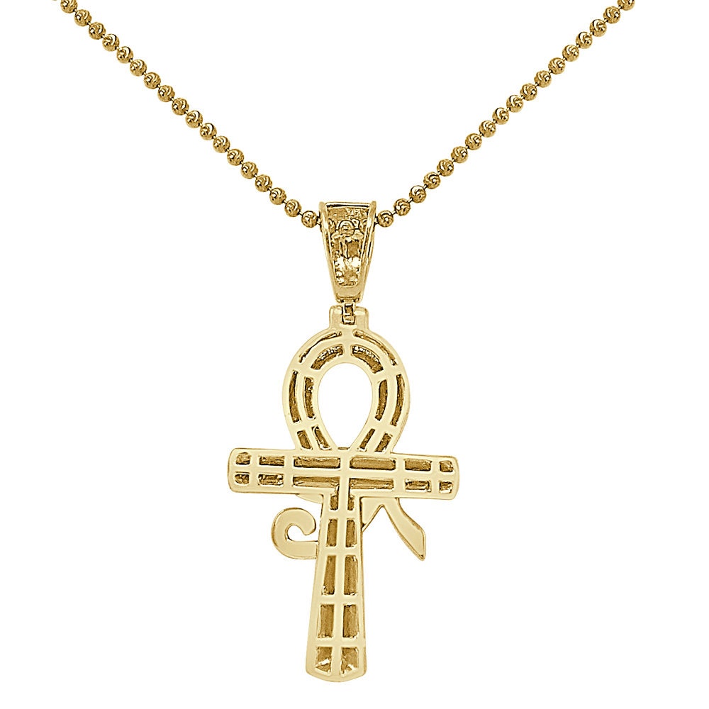 Real Genuine Authentic Diamond Ancient Egyptian Ankh Cross Horus Evil Eye Of Ra Pendent 10K Gold Over Unisex Pharaoh Charm Chain Set 2''