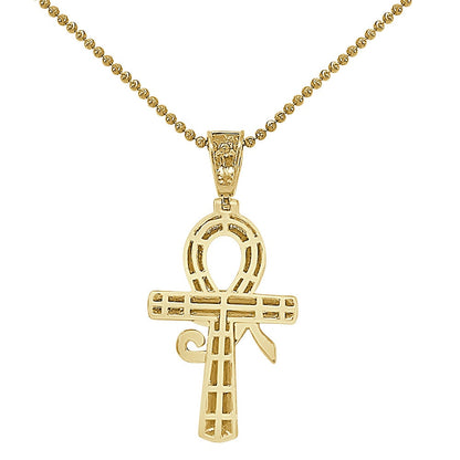 Real Genuine Authentic Diamond Ancient Egyptian Ankh Cross Horus Evil Eye Of Ra Pendent 10K Gold Over Unisex Pharaoh Charm Chain Set 2''