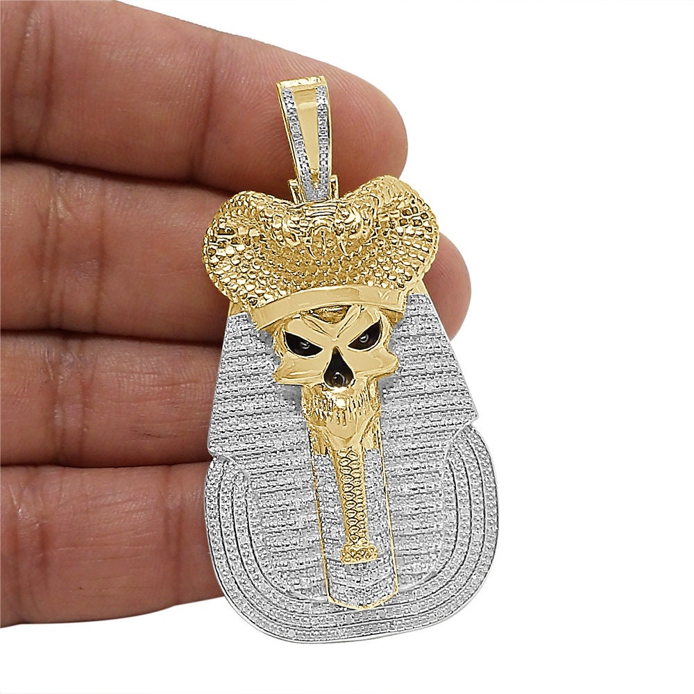 100% Real Genuine Diamond 31+ Grams Egyptian King Tut Death Skull Pharaoh Mummy Charm Cobra Snake Evil Power 10K Gold Over Pendent Big 2.5''