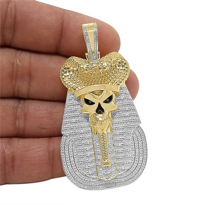 100% Real Genuine Diamond 31+ Grams Egyptian King Tut Death Skull Pharaoh Mummy Charm Cobra Snake Evil Power 10K Gold Over Pendent Big 2.5''