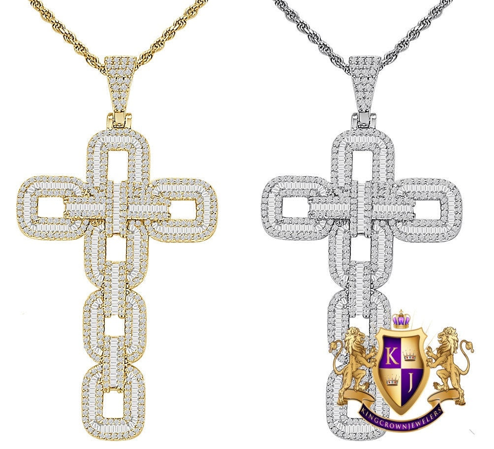 Big 2.75'' Baguette 22+ Grams Simulated Diamond 14K Gold Over Jesus Cross Designer Custom Charm Pendent Chain Set