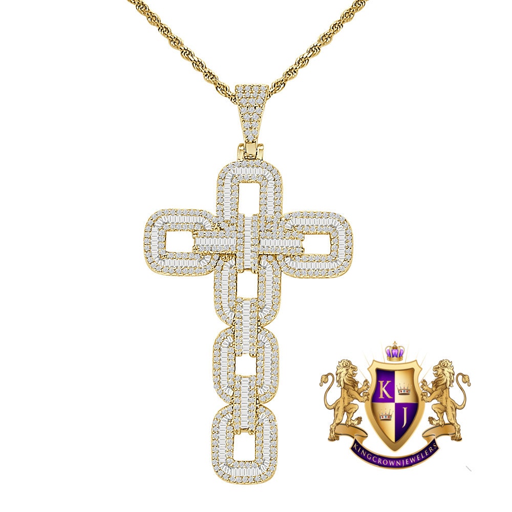 Big 2.75'' Baguette 22+ Grams Simulated Diamond 14K Gold Over Jesus Cross Designer Custom Charm Pendent Chain Set