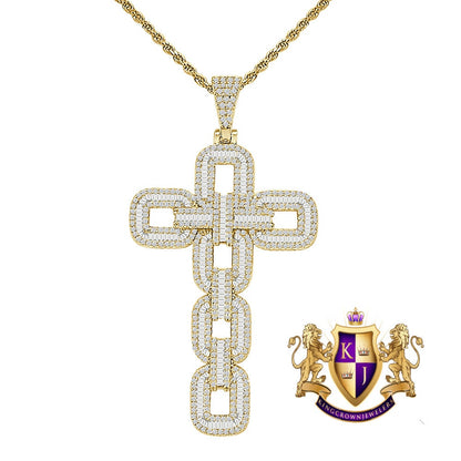 Big 2.75'' Baguette 22+ Grams Simulated Diamond 14K Gold Over Jesus Cross Designer Custom Charm Pendent Chain Set