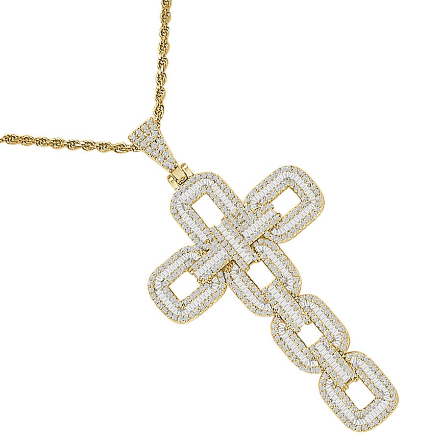 Big 2.75'' Baguette 22+ Grams Simulated Diamond 14K Gold Over Jesus Cross Designer Custom Charm Pendent Chain Set