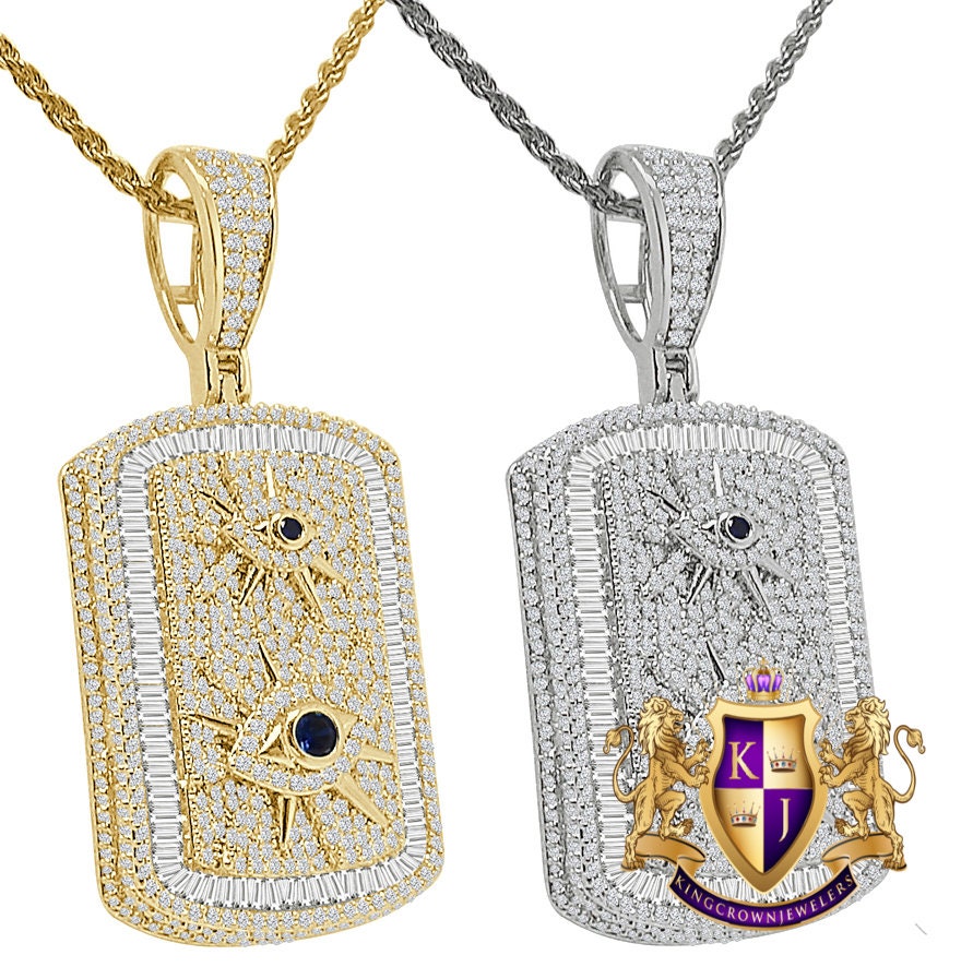 3D Baguette Round Cut Simulated Diamond 14K Gold Over 22+ Grams All Seen Eye Of Providence Dog Tag Charm Pendant Chain Set 2''