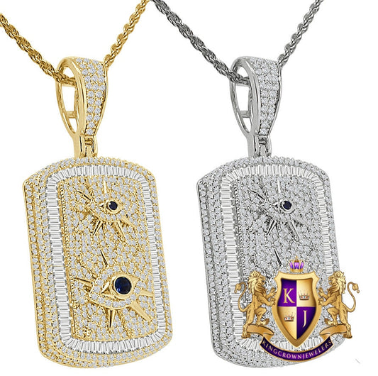 3D Baguette Round Cut Simulated Diamond 14K Gold Over 22+ Grams All Seen Eye Of Providence Dog Tag Charm Pendant Chain Set 2''
