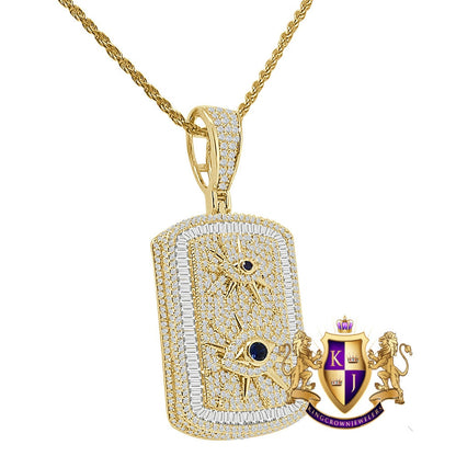 3D Baguette Round Cut Simulated Diamond 14K Gold Over 22+ Grams All Seen Eye Of Providence Dog Tag Charm Pendant Chain Set 2''