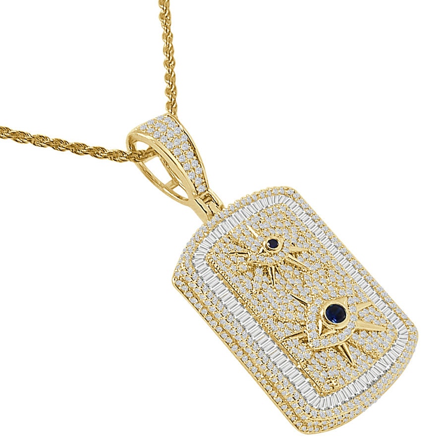 3D Baguette Round Cut Simulated Diamond 14K Gold Over 22+ Grams All Seen Eye Of Providence Dog Tag Charm Pendant Chain Set 2''