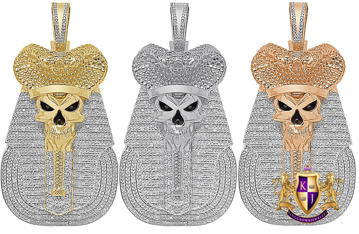 100% Real Genuine Diamond 31+ Grams Egyptian King Tut Death Skull Pharaoh Mummy Charm Cobra Snake Evil Power 10K Gold Over Pendent Big 2.5''