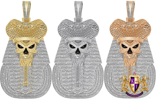 100% Real Genuine Diamond 31+ Grams Egyptian King Tut Death Skull Pharaoh Mummy Charm Cobra Snake Evil Power 10K Gold Over Pendent Big 2.5''