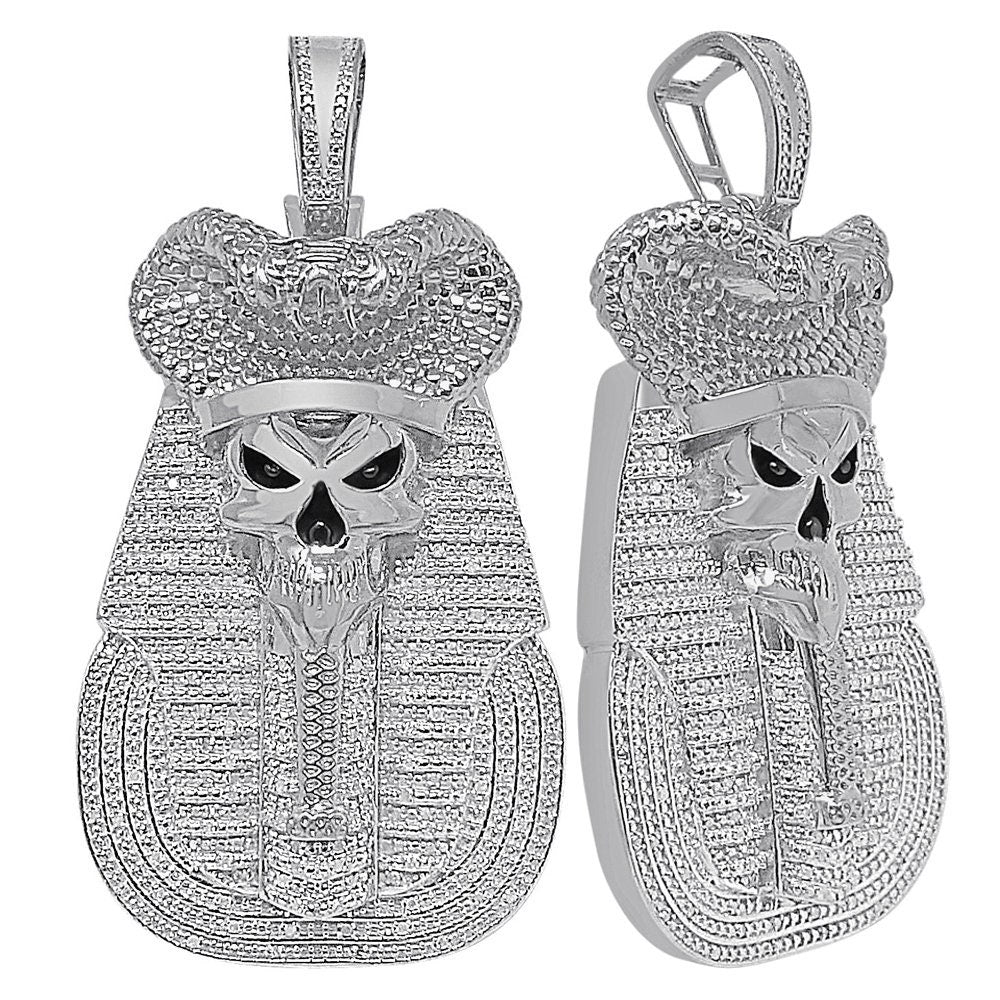 100% Real Genuine Diamond 31+ Grams Egyptian King Tut Death Skull Pharaoh Mummy Charm Cobra Snake Evil Power 10K Gold Over Pendent Big 2.5''