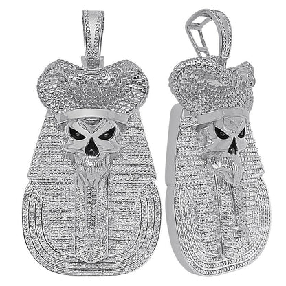 100% Real Genuine Diamond 31+ Grams Egyptian King Tut Death Skull Pharaoh Mummy Charm Cobra Snake Evil Power 10K Gold Over Pendent Big 2.5''