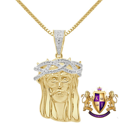 Real Genuine Diamond 0.30 Cwt. Jesus Christ Face Piece Pendent 10K Gold Over Unisex Religious Charm Chain Set Small 1.65''