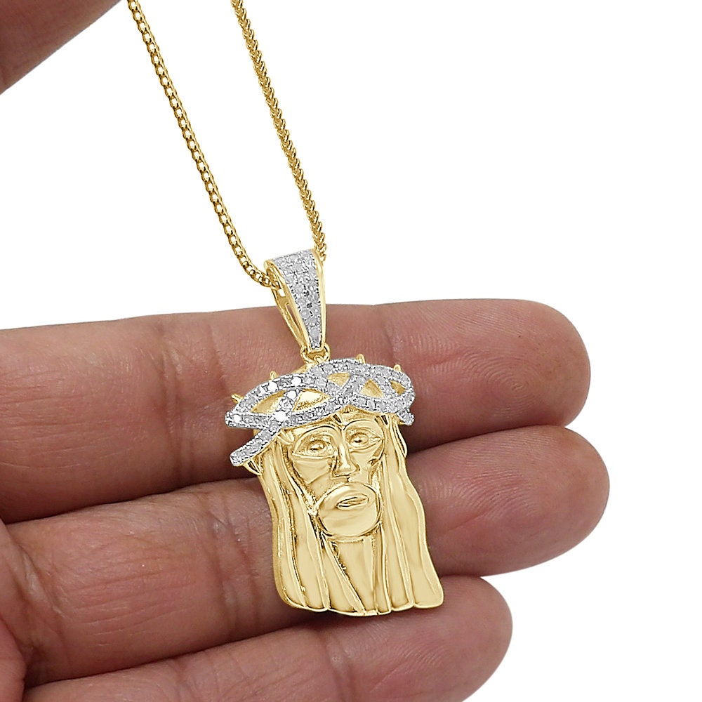 Real Genuine Diamond 0.30 Cwt. Jesus Christ Face Piece Pendent 10K Gold Over Unisex Religious Charm Chain Set Small 1.65''