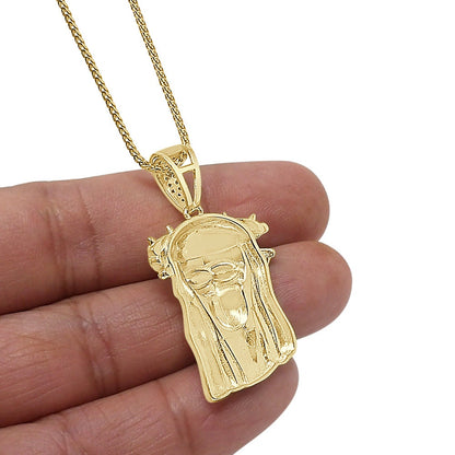 Real Genuine Diamond 0.30 Cwt. Jesus Christ Face Piece Pendent 10K Gold Over Unisex Religious Charm Chain Set Small 1.65''