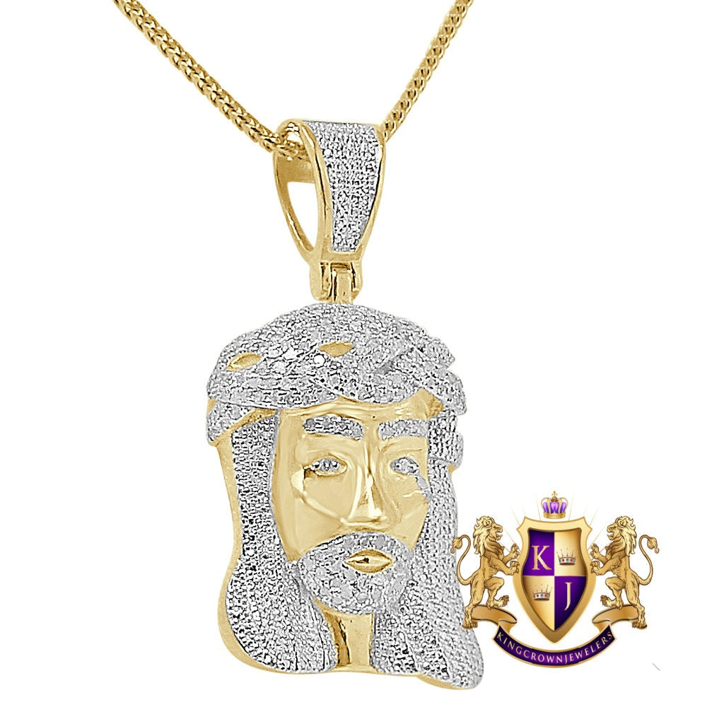 Genuine Natural Real Authentic Diamond 0.85 Cwt. Jesus Face Piece Pendent 10K Gold Over Unisex Religious Charm Chain Set Small 1.75''