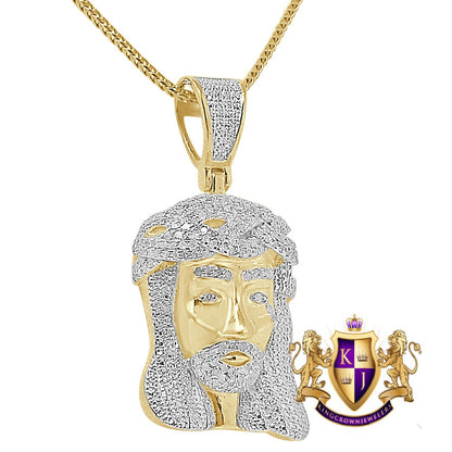 Genuine Natural Real Authentic Diamond 0.85 Cwt. Jesus Face Piece Pendent 10K Gold Over Unisex Religious Charm Chain Set Small 1.75''