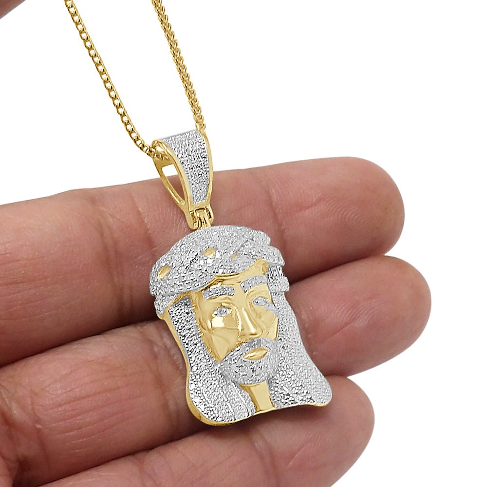 Genuine Natural Real Authentic Diamond 0.85 Cwt. Jesus Face Piece Pendent 10K Gold Over Unisex Religious Charm Chain Set Small 1.75''